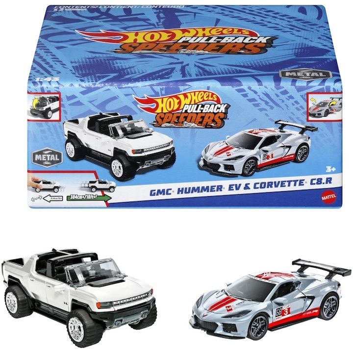 Игрален комплект Hot Wheels Pull Back Speeders GMC Hummer EV Corvette C R Отлична