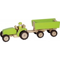 Дървена играчка Goki - Строителна машина, трактор с ремарке