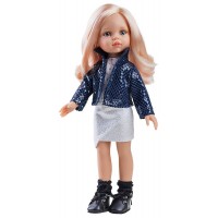 Комплект дрехи за кукла Paola Reina - Късо синьо яке и блузка на сърчица, 32 cm