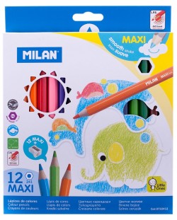 Комплект цветни моливи Milan Maxi - Шестоъгълни, 12 цвята + острилка