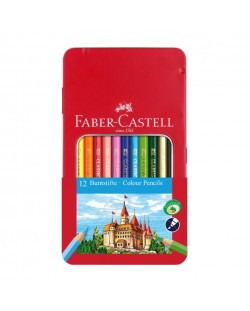 Комплект цветни моливи Faber-Castell - Замък, 12 бр. в метална кутия