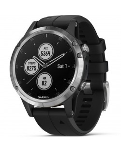 GPS часовник Garmin - Fēnix 5 Plus, сив, черна силиконова каишка