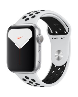 Смарт часовник Apple - Nike S5, 44mm, сребрист с бяла каишка