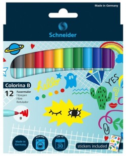 Комплект цветни флумастери Schneider Colorina Broad - 12 броя + 10 стикера