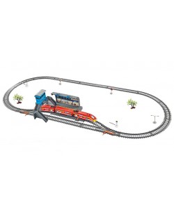 Игрален  комплект Power Train World - Товарен влак с гара и надлез, 300 cm