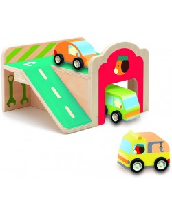 Дървена играчка Djeco – Мини гараж с три колички