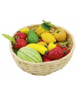 Дървен комплект Goki - Плодове в кошница, 16 части