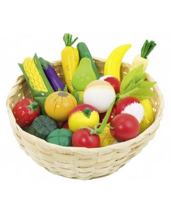 Комплект продукти Goki - Плодове и зеленчуци в кошница, 16 части, от дърво