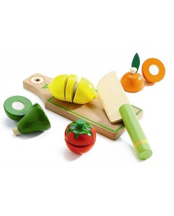 Дървен комплект за рязане Djeco - Плодове и зеленчуци