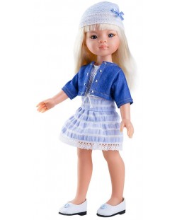 Комплект дрехи за кукла Paola Reina - Дантелена рокля със синьо яке и шапка, 32 cm