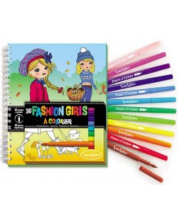Книжка за оцветяване Sentosphere Coloriage - Fashion Girls, с флумастери