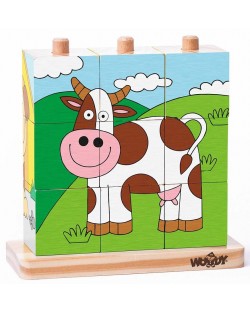 Низанка с дървени кубчета Woody - Домашни любимци, 9 части