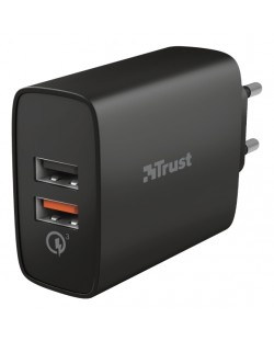 Зарядно устройство Trust - Qmax Ultra-Fast Dual, USB-A, 30W, черно