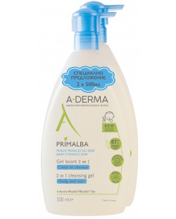 A-Derma Primalba Почистващ гел за коса и тяло, 2 x 500 ml (Лимитирано)