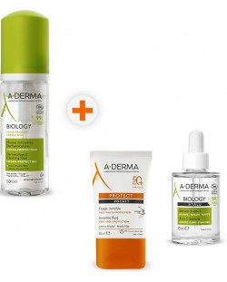 A-Derma Biology & Protect Комплект - Почистваща пяна, Серум и Слънцезащитен флуид, SPF50, 150 + 2 x 30 ml (Лимитирано)