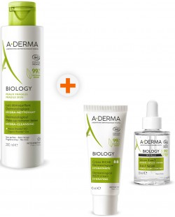 A-Derma Biology Комплект - Демакииращо мляко, Серум и Богат крем, 200 + 30 + 40 ml (Лимитирано)