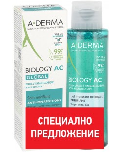 A-Derma Biology AC Комплект - Пълна грижа срещу несъвършенства Global и Пенещ се гел, 40 + 100 ml (Лимитирано)