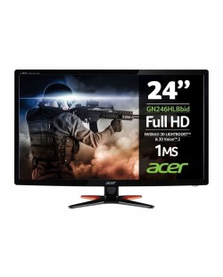 Гейминг монитор Acer GN246HLBbid - 24", Wide, TN LED, Anti-Glare, Nvidia 3D, 144Hz, 1ms, 1920x1080, VGA, черен