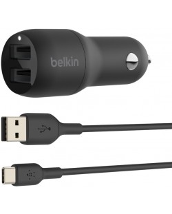 Зарядно за кола Belkin - Dual, USB-A, кабел USB-C, 24W, черен