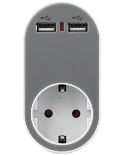Адаптер EUROLAMP SA - 10337, 1 гнездo, 2x USB-A, сив