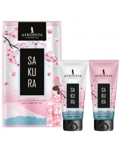 Afrodita Cosmetics Комплект Sakura - Мус за тяло и Ексфолиант, 150 ml + 130 g