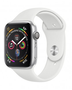 Смарт часовник Apple S4 - 44mm, сребрист, бяла силиконова каишка