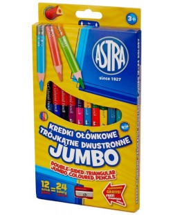 Двустранни цветни джъмбо моливи Astra - 12 броя, 24 цвята, с острилка
