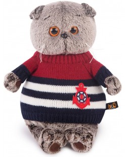 Плюшена играчка Budi Basa - Коте Басик, с моряшки пуловер, 19 cm