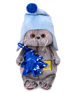 Плюшена играчка Budi Basa - Коте Басик бебе с шапка и елха от пайети, 20 cm