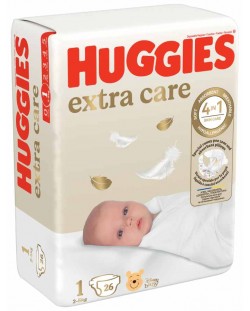 Бебешки пелени Huggies Extra Care - Размер 1, 2-5 kg, 26 броя