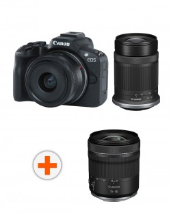Безогледален фотоапарат Canon - EOS R50 + RF-S 18-45mm, f/4.5-6.3 IS STM + 55-210mm, f/5-7.1 IS STM + Обектив Canon - RF, 15-30mm, f/4.5-6.3 IS STM