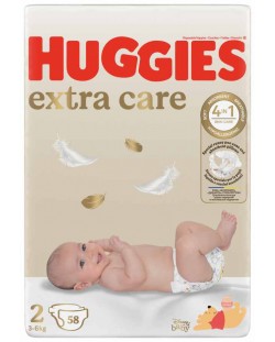 Бебешки пелени Huggies Extra Care - Размер 2, 3-6 kg, 58 броя