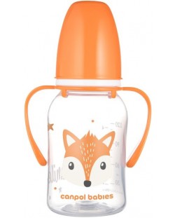 Бебешко шише с дръжки Canpol - Cute Animals, 120 ml, оранжево