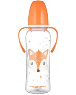 Бебешко шише с дръжки Canpol - Cute Animals, 250 ml, оранжево