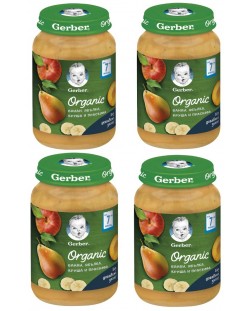 Био плодово пюре Nestle Gerber Organic - Банан, ябълка, круша, праскова, 4 х 190 g