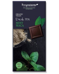 Био натурален шоколад с мента и мака, 70% какао, 70 g, Benjamissimo
