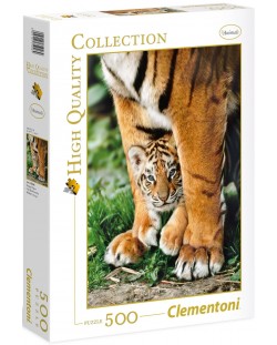 Пъзел Clementoni от 500 части - Бебе бенгалски тигър между лапите на майка си
