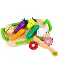 Игрален комплект Lelin - Дървени зеленчуци за рязане, с дъска