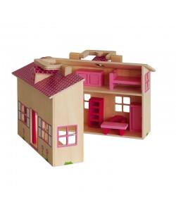 Дървена къща за кукли Woody Тренди - Куфарче, с аксесоари