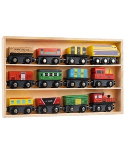 Дървен комплект Kruzzel - Железница с влакчета, 12 броя