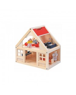 Дървена къща за кукли Woody - С аксесоари, 21 части