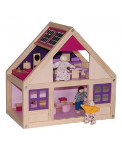 Дървена къща за кукли Woody Тренди - С обзавеждане и кукли