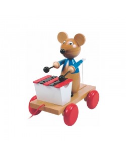 Дървена играчка за дърпане Woody - Мишка с ксилофон