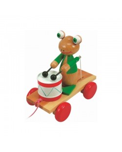 Дървена играчка за дърпане Woody - Жаба с барабан