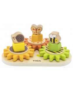 Дървена играчка Viga - Сортер с геометрични форми и зъбни колела
