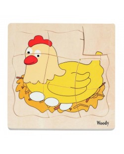 Дървен многопластов пъзел Woody - Яйце и кокошка
