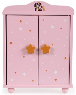 Дървен гардероб за кукли Moni Toys - С 3 закачалки, розов
