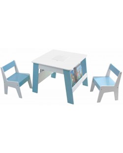 Детска дървена маса с 2 столчета и място за съхранение Ginger Home - Бяла със синьо