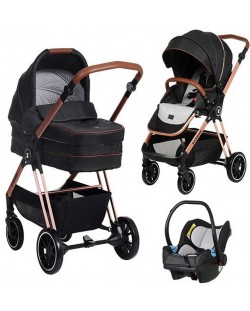 Детска количка Zizito - Barron 3 в 1, черна със златисто-розова рамка