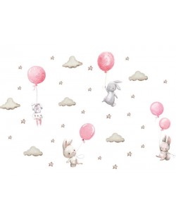 Детски стикери за стена за детска стая Sipo - Зайчета и балони, розови